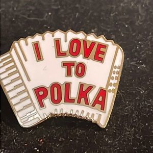 Vintage-1970s-gold tone & white/red enamel “I Love to Polka” hat/lapel/tie pin